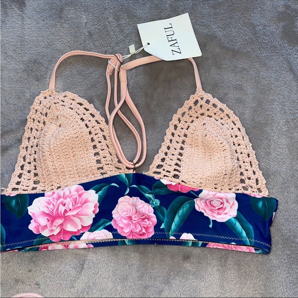 Zaful grey knitted beige blue pink  floral bikini - Picture 2 of 6